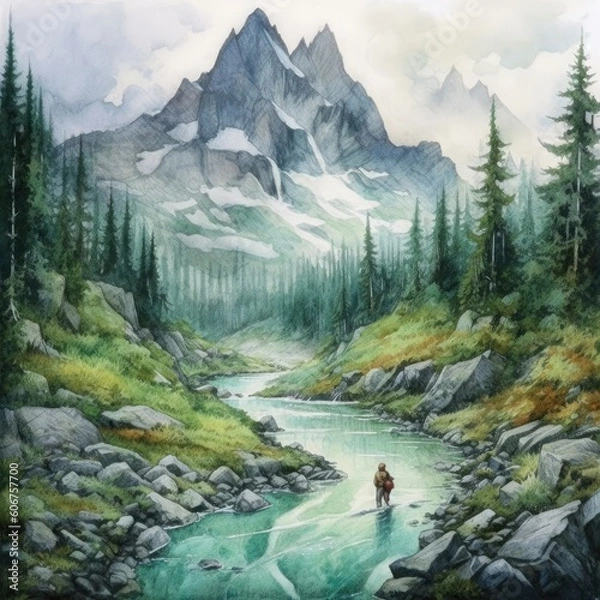 Fototapeta landscape painting of a mountain, water, and forest Generative Ai