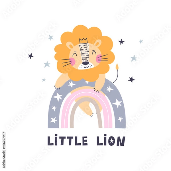 Fototapeta Print with cute lion on rainbow.  Vector illustration.