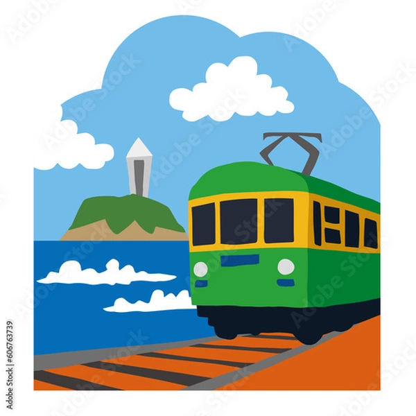 Obraz 江ノ電と江ノ島　手描きのゆるいシンプルイラスト