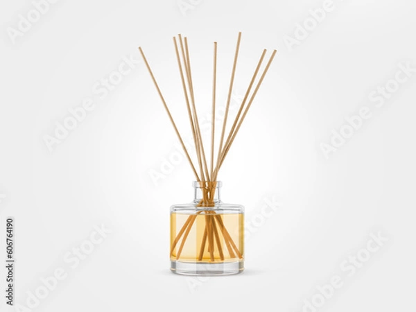 Obraz Perfume bottle with scented sticks, mockup with isolated background to be cut out, which can be used for label project presentations.