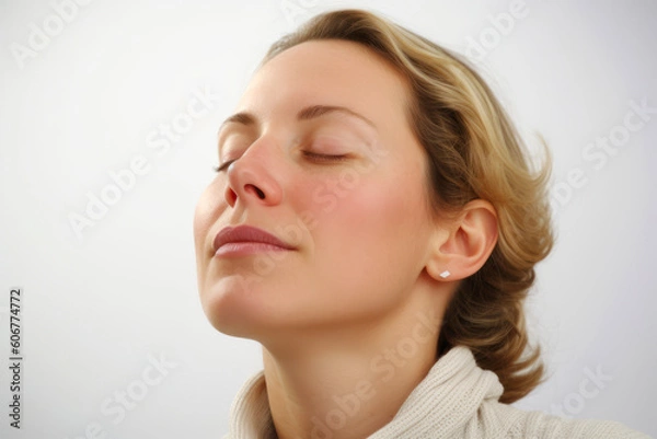 Fototapeta Portrait of a beautiful woman with closed eyes on a white background