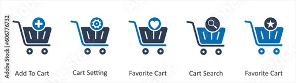 Fototapeta A set of 5 Business icons as add to cart, cart settings, favorite cart