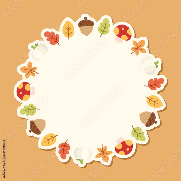 Fototapeta Round Autumn Frame with leaves, pumpkin and acorns. Wreath of fall elements, Halloween, Thanksgiving border template. Vector illustration.