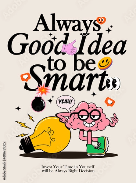 Obraz Motivational poster or card or book cover design template for self education or learning with cartoon brain character and typographic composition and emoji elements on light background.