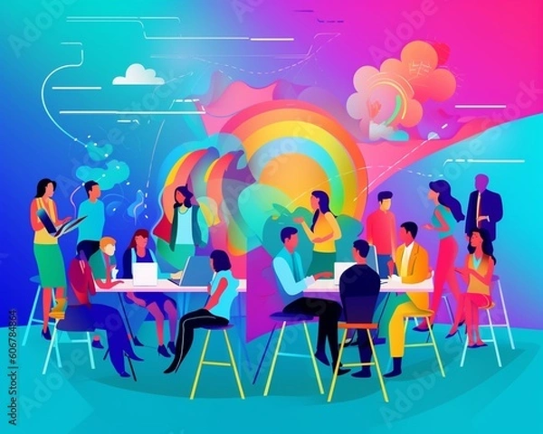 Fototapeta Teamwork in a company. They are discussing, analyzing data charts, and fostering collaboration. Vibrantly background, bright and vibrant atmosphere.