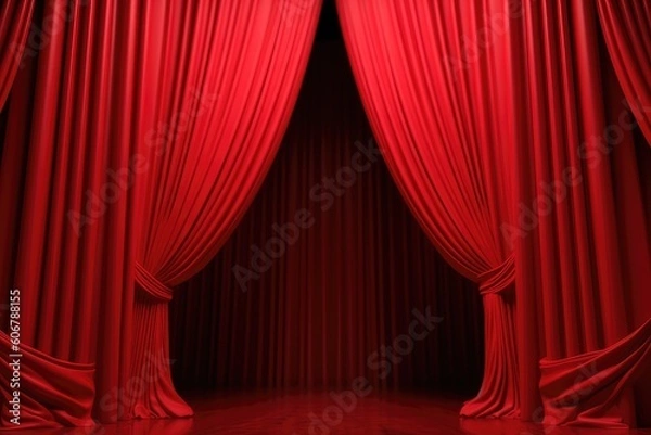Obraz Luxury red curtain backdrop on the stage with wooden floor