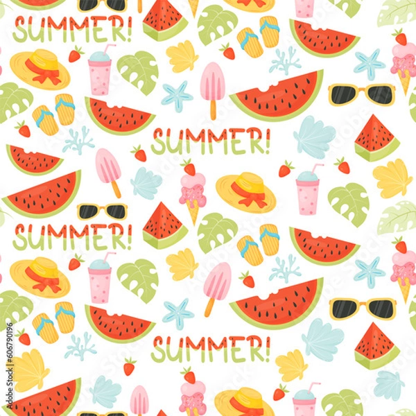 Fototapeta Summer seamless pattern with watermelon, shells, straw hat, slippers, ice cream on white background. Vector illustration in flat cartoon style for design, wallpaper, wrapping paper, fabric.