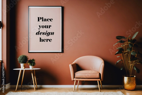 Fototapeta Burgundy red interior with armchair, table and frame with empty space. Generative AI