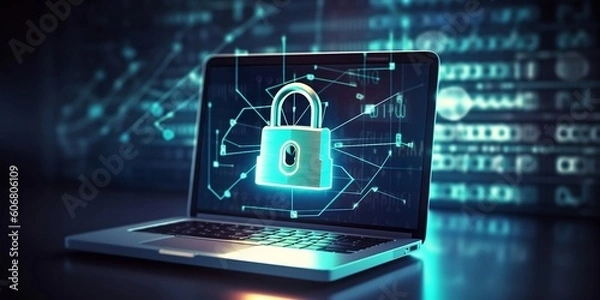 Fototapeta 3D illustration of cyber online security with high-tech padlock protecting a laptop computer on a desk. Generative AI technology