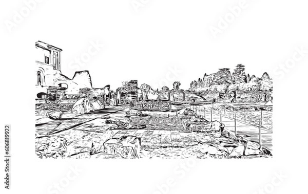 Fototapeta Building view with landmark of  Rome is the capital city in Italy. Hand drawn sketch illustration in vector.