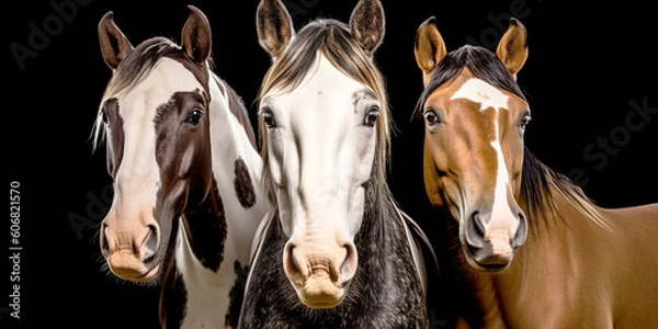 Fototapeta Portrait of 3 horses of different colors - AI Generative