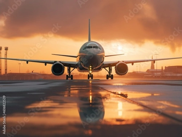 Fototapeta A large passenger plane aircraft is on the runway at sunset. Generative Ai technology.