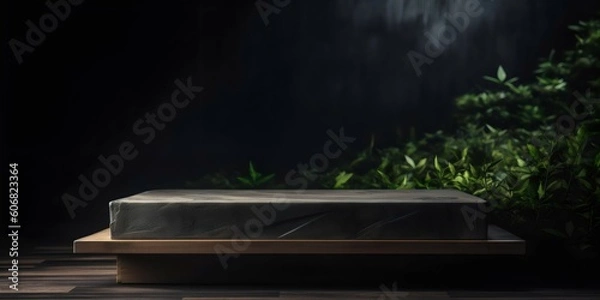 Fototapeta Wooden natural table with stone and dark grey background with copy space. Product placement and presentation. Generative AI