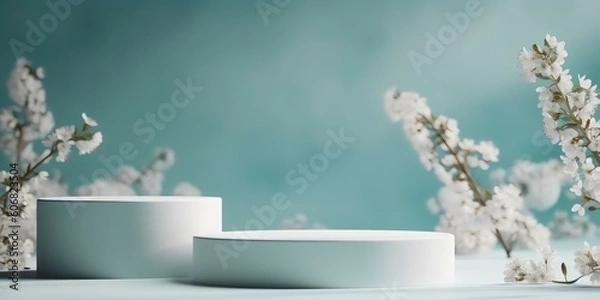 Fototapeta White platform for product placement with copy space on bright and blue background. Generative AI