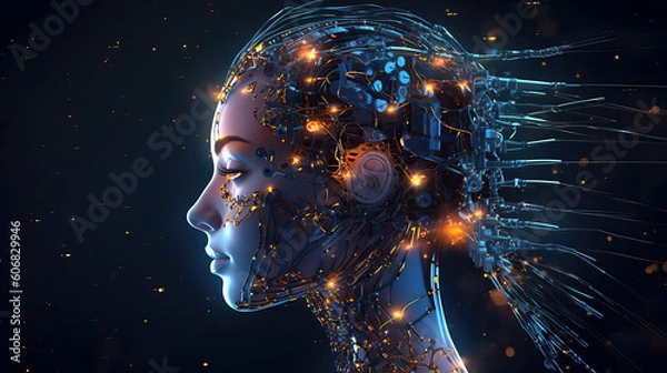 Fototapeta Illustration of a futuristic woman with cybernetic enhancements on her head created with Generative AI technology