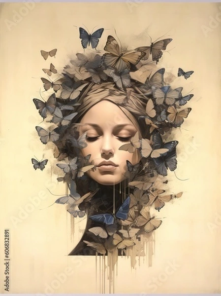Fototapeta Generative ai woman's face with butterflies