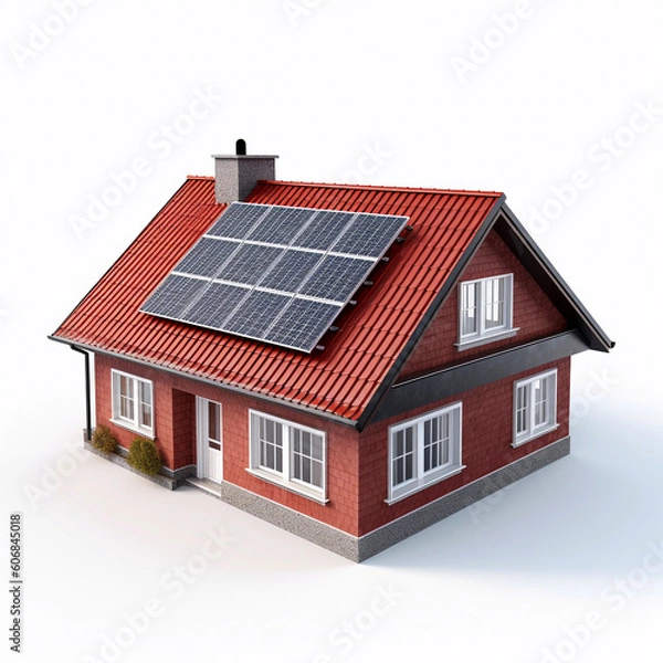 Fototapeta Photovoltaic system, solar power system on a house, white background Ai generated