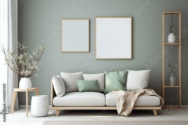 Fototapeta Modern scandinavian living room interior. Wooden picture frame, poster mockup. Sofa with throw blanket and pillows. Cherry plum blossoms in vase. Elegant stylish minimal home decor. Generative AI