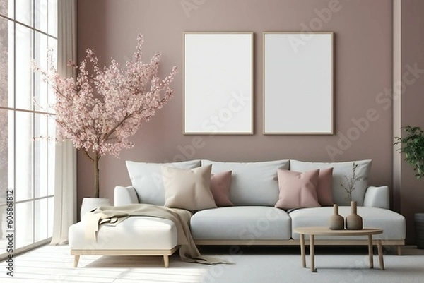 Fototapeta Modern scandinavian living room interior. Wooden picture frame, poster mockup. Sofa with throw blanket and pillows. Cherry plum blossoms in vase. Elegant stylish minimal home decor. Generative AI