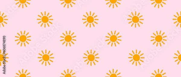 Obraz Trendy Cute Seamless Vector Pattern with Yellow Suns on a Pastel Pink Background. Simple Infantile Style Abstract Doodles Repeatable Design with Orange Suns ideal for Fabric. 