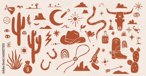 Fototapeta Cowboy Western Boho Cactus Vector Collection Zestaw, kaktus, kowbojski kapelusz, węże, tęcze, słońce, góry