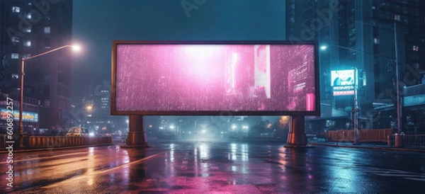 Fototapeta Futuristic city with neon glowing billboard at street. Cyberpunk background. Created with Generative AI