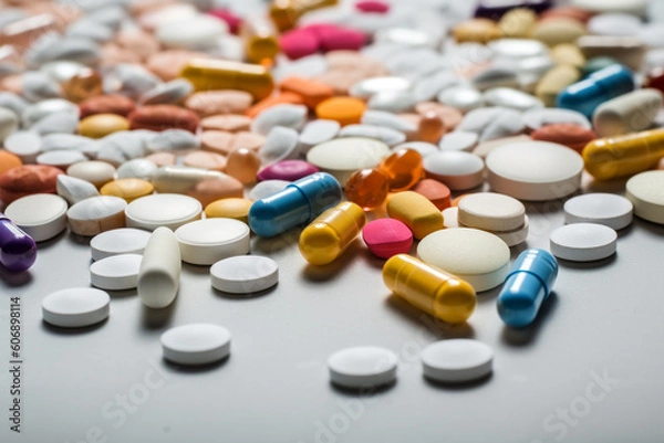 Obraz capsules tablets pill on white table, copy space, Created using generative AI tools.