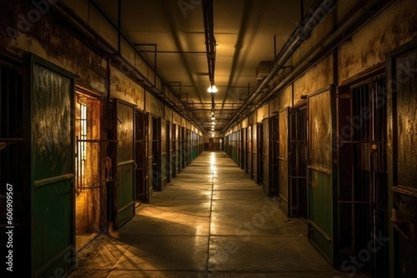 Fototapeta A row of prison cells lining a long, dimly lit corridor. Generative ai.