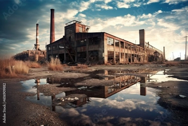 Fototapeta Abandoned factories or industrial buildings symbolizing the decline of manufacturing. Generative ai.