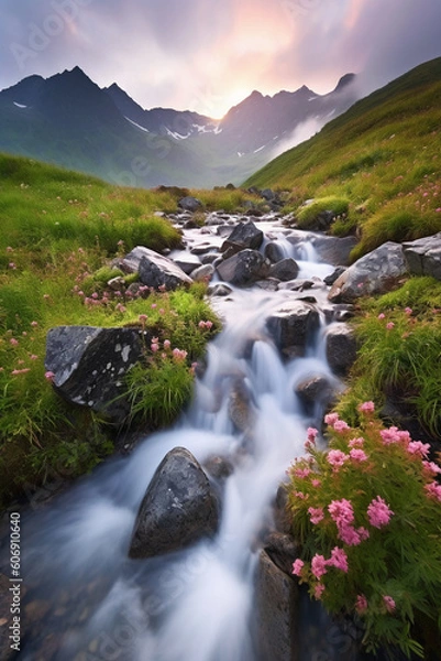 Fototapeta Cascade mountain range, large waterfall long exposure. AI generative