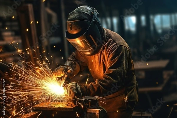 Obraz Sparks fly as the worker cuts the iron. By Generative AI.