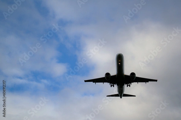 Fototapeta The plane against the background of cloudy skies, the plane took off from the runway.
