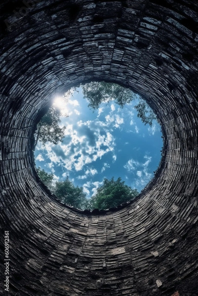 Obraz Looking up from inside a well at a small circle of sky, holy light. AI generative