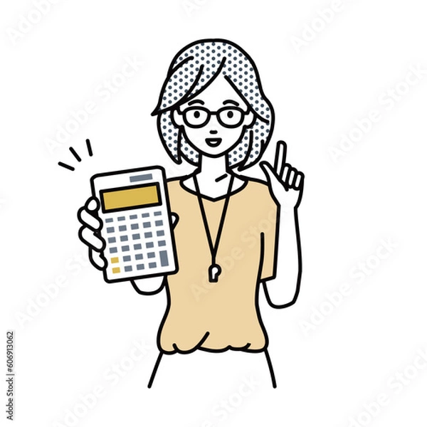 Fototapeta 立って電卓を持ってこちらに向けて見せている教師の女性