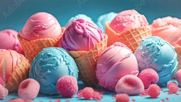 Fototapeta Summer dessert, ice cream in balls in bowls and waffle cones with different flavors on a bright modern background Generative AI