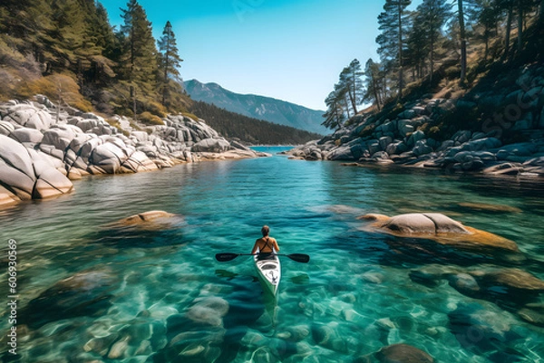 Obraz Tranquil Waters: A Kayaker Embracing Pristine Nature's Splendor with generative AI Technology