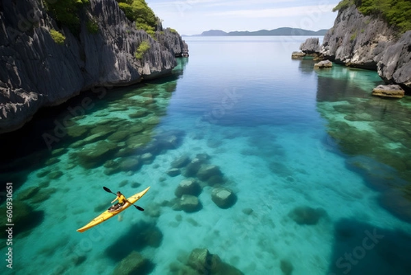 Obraz Tranquil Waters: A Kayaker Embracing Pristine Nature's Splendor with generative AI Technology