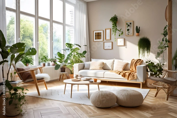 Obraz Nordic Elegance: A Living Room with Balanced Blend of Light Wood Accents with generative AI Technology