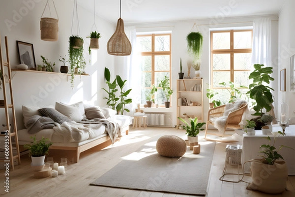 Obraz Nordic Elegance: A Living Room with Balanced Blend of Light Wood Accents with generative AI Technology