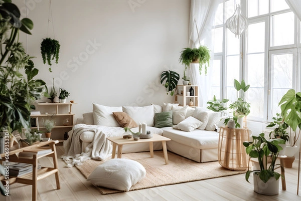 Obraz Nordic Elegance: A Living Room with Balanced Blend of Light Wood Accents with generative AI Technology