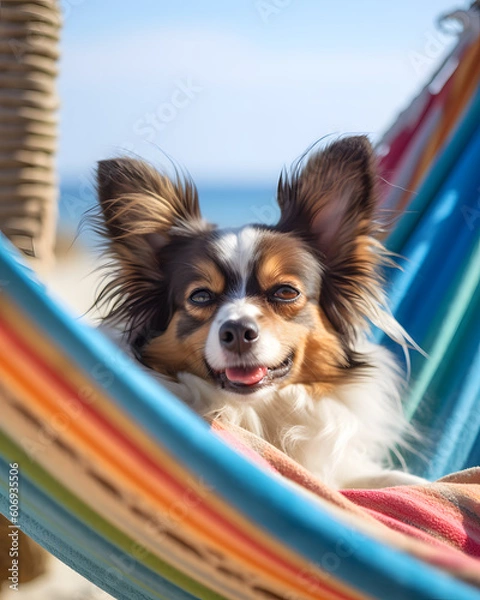 Obraz A Vibrant Beach Hammock Swinging a Lounging Papillon Dog with generative AI Technology
