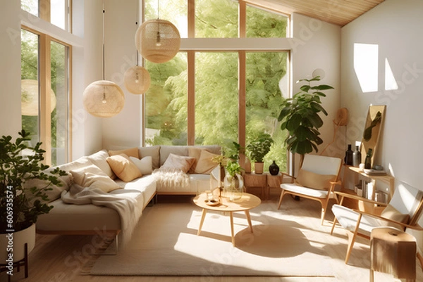 Obraz Nordic Elegance: A Living Room with Balanced Blend of Light Wood Accents with generative AI Technology