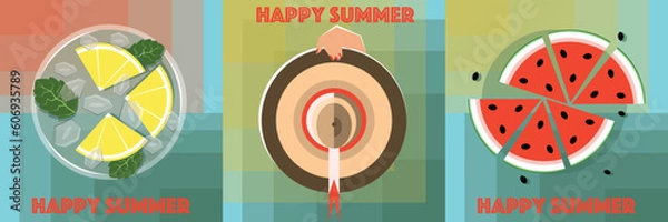 Obraz set of 'happy summer' concept illustration with a summer hat, slices of watermelon and lemon and mint lemonade.