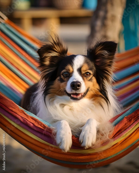 Obraz A Vibrant Beach Hammock Swinging a Lounging Papillon Dog with generative AI Technology