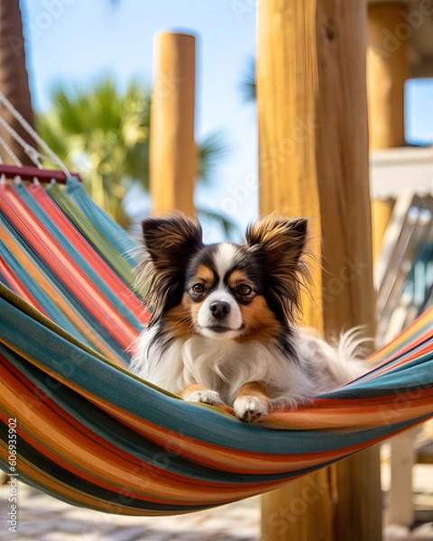 Obraz A Vibrant Beach Hammock Swinging a Lounging Papillon Dog with generative AI Technology