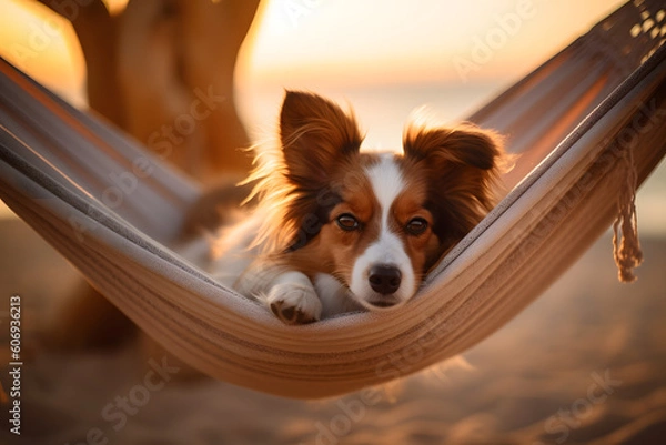 Obraz A Papillon dog relaxing in a beach hammock with generative AI Technology