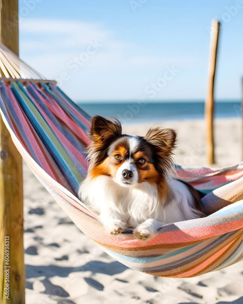 Obraz A Vibrant Beach Hammock Swinging a Lounging Papillon Dog with generative AI Technology