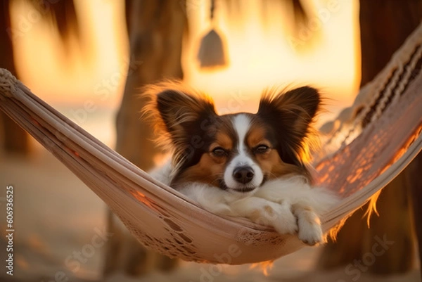 Obraz A Papillon dog relaxing in a beach hammock with generative AI Technology