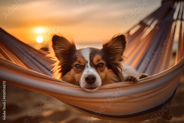 Obraz A Papillon dog relaxing in a beach hammock with generative AI Technology
