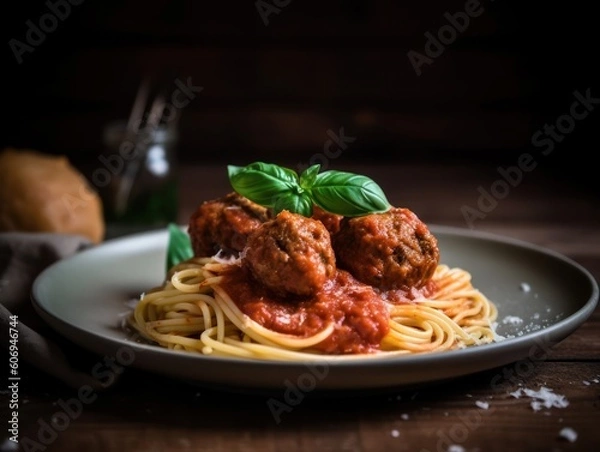 Fototapeta Spaghetti pasta with meatballs and tomato sauce on wooden table. Generative AI